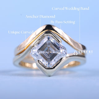 1.0CT-2.0CT Asscher Moissanite Diamond Tension Style Engagement Ring With Wedding Band