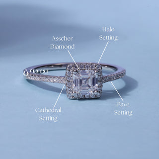 0.50CT Asscher Cut Moissanite Diamond Halo Pave Engagement Ring