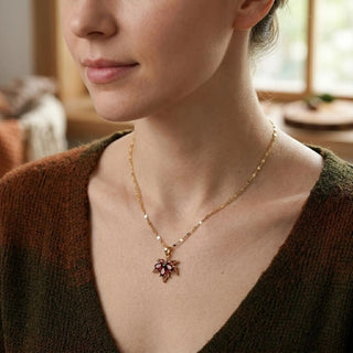 Vintage Maple Leaf Pendant Necklace with Red Lab Grown Stones, Gold - Thanksgiving jewelry gift