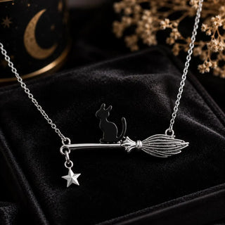 Witch Broomstick Cat Necklace in 925 silver, 10K/14K/18K gold - Halloween gift for her
