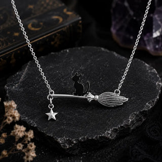 Witch Broomstick Cat Necklace - Halloween lab grown moissanite jewelry