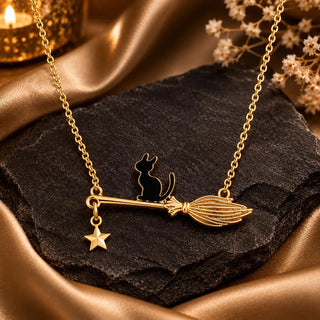 Witch Broomstick Cat Necklace with Star Charm, Gold - Halloween jewelry gift
