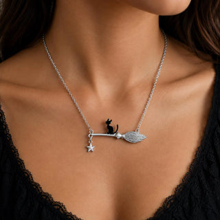 Witch Broomstick Cat Necklace with Star Charm, Gold - Halloween jewelry gift