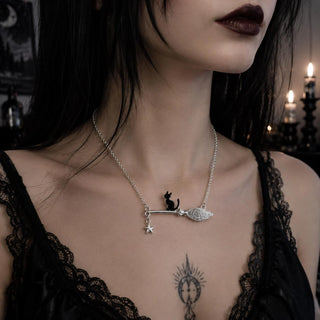 Witch Broomstick Cat Necklace in 925 silver, 10K/14K/18K gold - Halloween gift for her