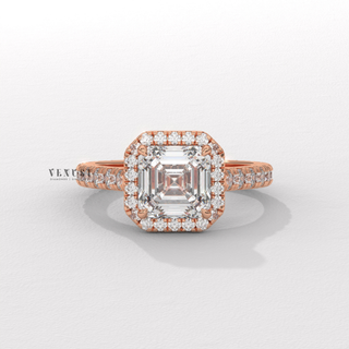 asscher diamond ring, asscher moissanite ring, asscher halo ring, asscher pave engagement ring