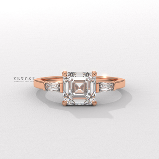 asscher cut three stone diamond ring
