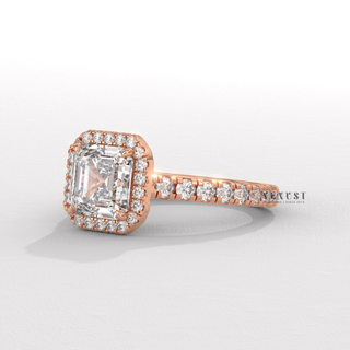 asscher cut engagement ring, asscher diamond ring, asscher moissanite ring, asscher halo ring, asscher pave engagement ring