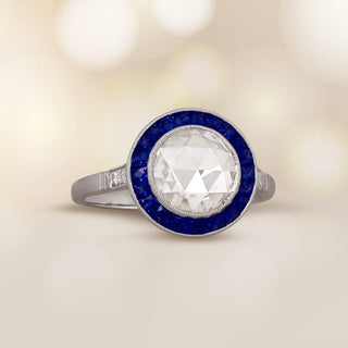 blue halo engagement ring,1.50ct moissanite ring, rose cut moissanite, sapphire halo ring