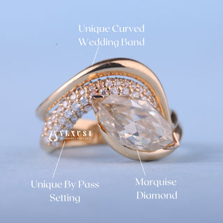 0.50CT Marquise Moissanite Diamond Curved Unique Engagement Rings With Matching Band