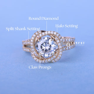 1.0CT Round Cut Moissanite Diamond Halo Split Shank Engagement Ring