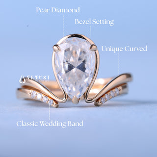 1.0CT-2.0CT Bezel Set Pear Moissanite Diamond Curved Unique Engagement Ring With Wedding Band