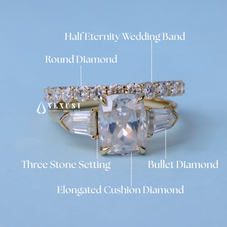 2.0ct Elongated Cushion Moissanite Diamond Three Engagement Rings With Wedding Band