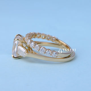 2.0ct Elongated Cushion Moissanite Diamond Three Engagement Rings With Wedding Band