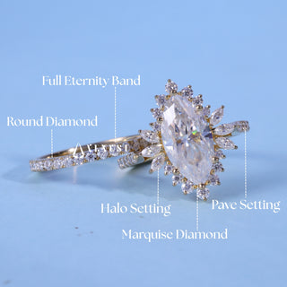 1.0ct Marquise Cut Cluster Halo Diamond Vintage Style Engagement Ring With Wedding Band