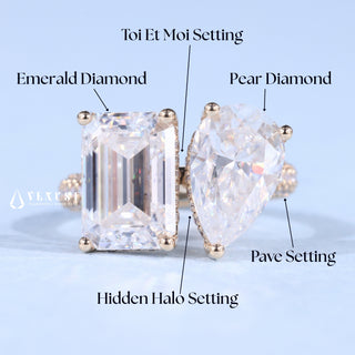 1.50CT Emerald & Pear Cut Moissanite Diamond Hidden Halo Toi Et Moi Engagement Ring