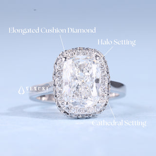 2.0CT Elongated Cushion Cut Moissanite Diamond Halo Cathedral Engagement Ring