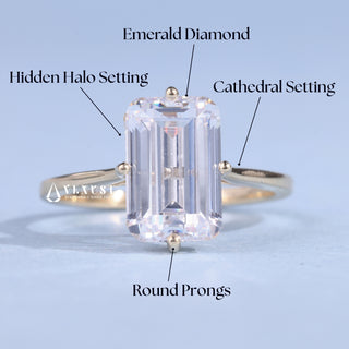 3.0CT Emerald Cut Moissanite Diamond Hidden Halo Cathedral Engagement Ring