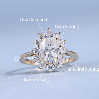 2.0CT Oval Cut Moissanite Diamond Halo Cathedral Engagement Rings