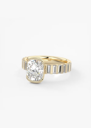 1.50CT Elongated Cushion Moissanite Diamond Half Bezel Pave Engagement Ring
