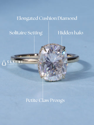 1.50CT Elongated Cushion Cut Moissanite Diamond Hidden Halo Solitaire Engagement Ring