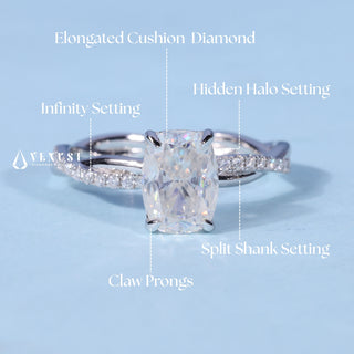 1.0CT Elongated Cushion Cut Moissanite Diamond Hidden Halo Split Shank Engagement Ring