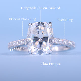 2.0CT Elongated Cushion Cut Moissanite Diamond Hidden Halo Cathedral Pave Engagement Ring