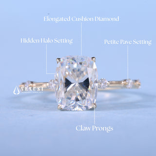 2.0CT Elongated Cushion Moissanite Diamond Hidden Halo Petite Pave Engagement Ring