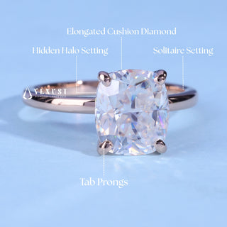 1.0CT Elongated Cushion Cut Moissanite Diamond Hidden Halo Solitaire Engagement Ring