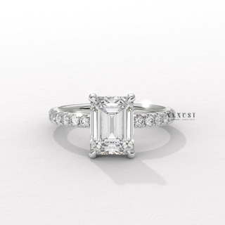 emerald cut hidden halo pave ring, emerald pave moissanite engagement ring