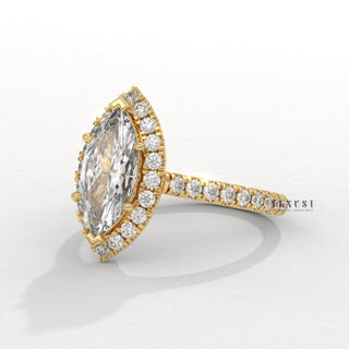 marquise halo statement ring, designer marquise halo ring, modern marquise halo style