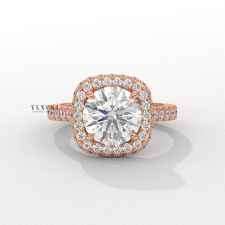 round cut halo ring, diamond halo ring, pave band engagement ring,
