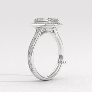 rose gold diamond halo ring, statement emerald cut ring, timeless engagement ring