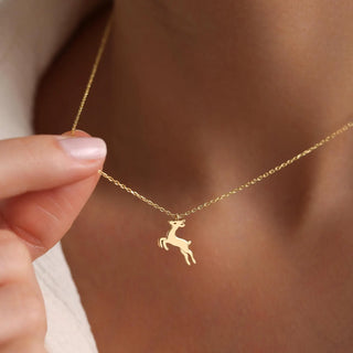 Gold Leaping Deer Pendant Necklace in 10K/14K/18K gold - Thanksgiving gift for her
