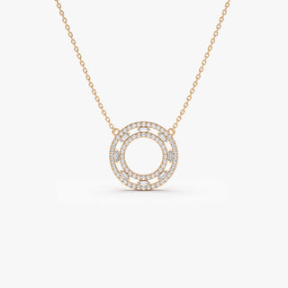 Baguette & Round Cut Diamond Circle Pendant Necklace for Her