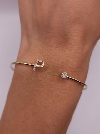 Round Cut Diamond Initial Open Cuff Bracelet for Her