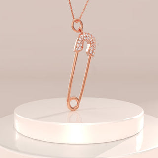 Round Cut Diamond Safety Pin Pendant Necklace for Her