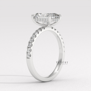 perfect proposal ring radiant style,radiant center diamond with accent stones
engagement ring with radiant center and side diamonds
radiant cut ring with micro pave details
slim band radiant diamond ring
radiant engagement ring with side stones