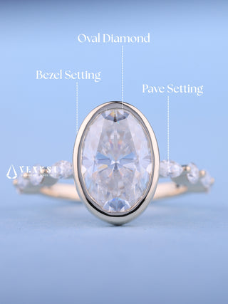 2.0CT Bezel Set Oval Moissanite Diamond Pave Engagement Ring