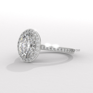 oval diamond with accent stones, slim band halo ring