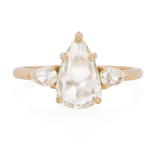 pear cut three stone engagement ring, pear rose cut engagement ring, pear three stone moissanite ring