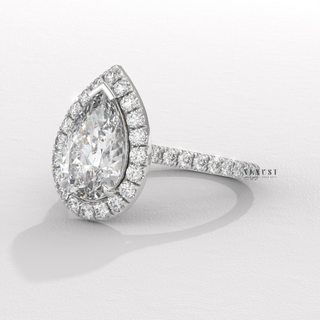 diamond pear halo ring, pear halo gold ring, pear halo white gold ring