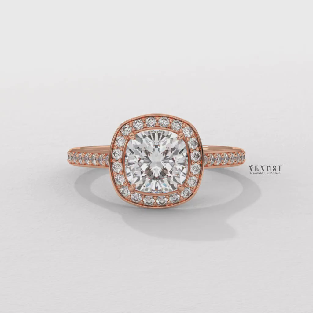 rose gold diamond ring, cushion cut engagement ring
