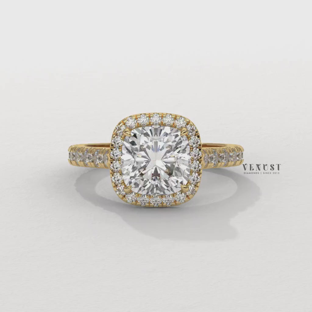 cushion halo moissanite ring,cushion halo pave engagement ring, cushion cut halo pave ring