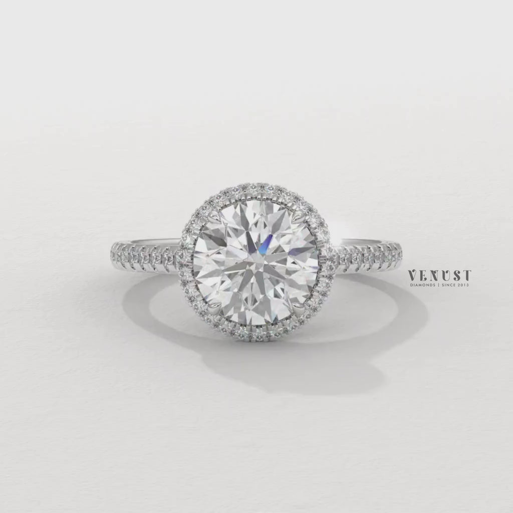 round halo pave engagement ring, round halo diamond ring, round halo moissanite ring, round cut halo engagement ring, round pave band engagement ring