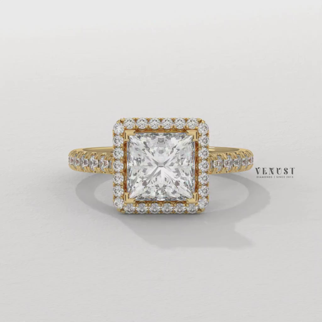 princess halo pave engagement ring, princess cut halo ring, princess halo diamond ring
