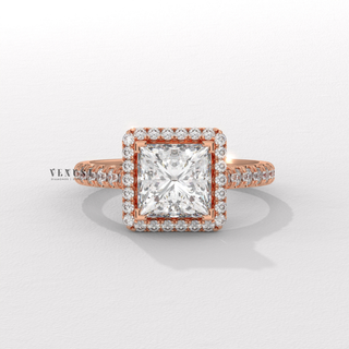 princess halo pave engagement ring, princess cut halo ring, princess halo diamond ring, princess halo moissanite ring