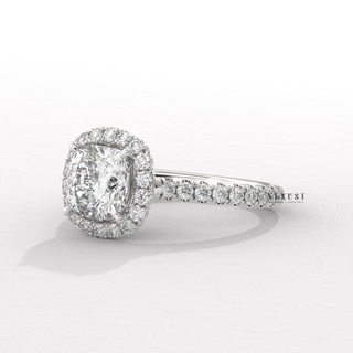 statement cushion halo ring, cushion halo ring with pave band,