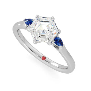 step cut moissanite
Three Stone Engagement Ring 
Blue pear side stone engagement ring 