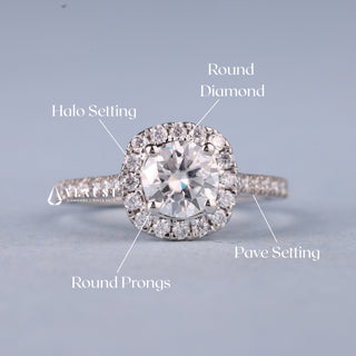 1.0CT Round Cut Moissanite Diamond Halo Pave Engagement Ring