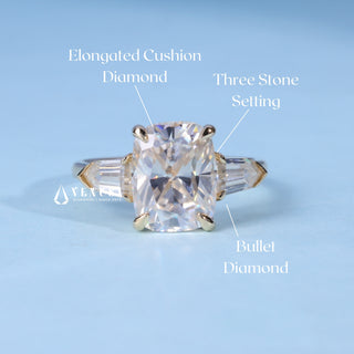 2.0CT Elongated Cushion Cut Moissanite Diamond Three Stone Engagement Rings